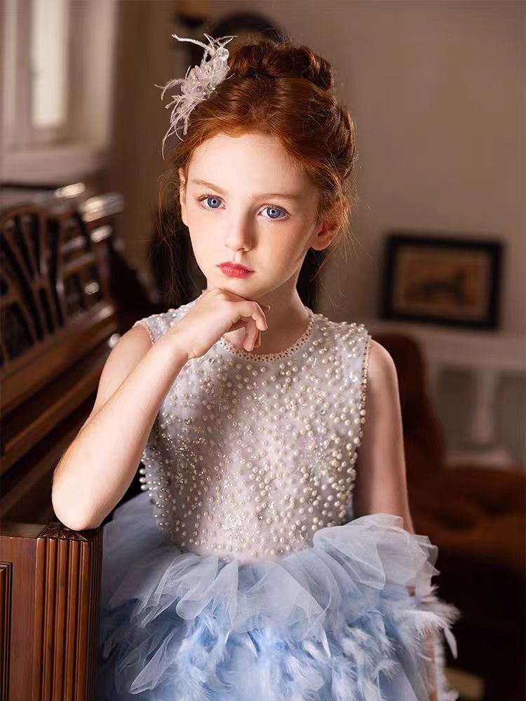 Jill Elegant Blue Feathers Girl Dress Pearls Princess Gown J299