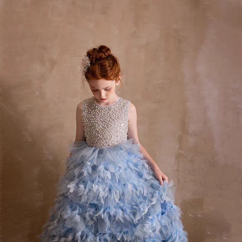 Jill Elegant Blue Feathers Girl Dress Pearls Princess Gown J299