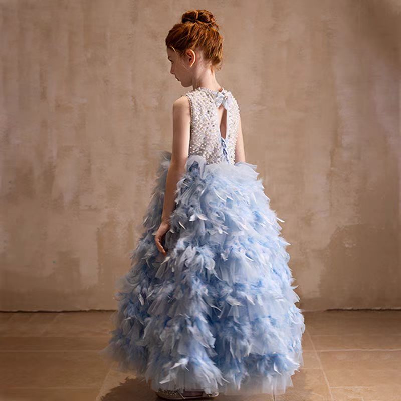 Jill Elegant Blue Feathers Girl Dress Pearls Princess Gown J299
