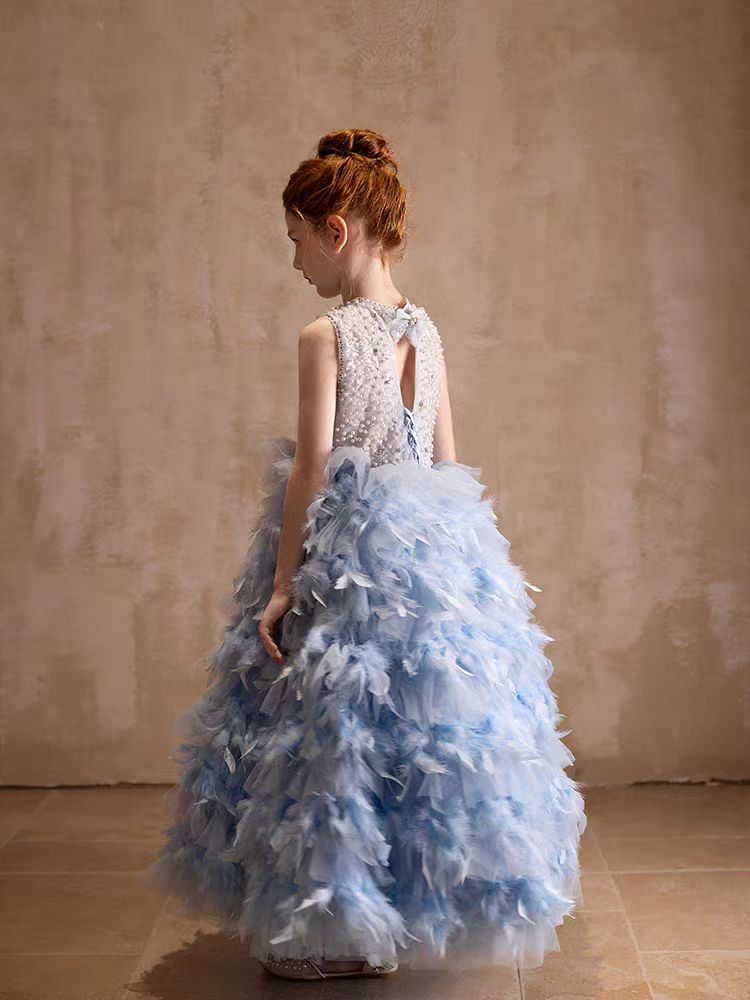 Jill Elegant Blue Feathers Girl Dress Pearls Princess Gown J299