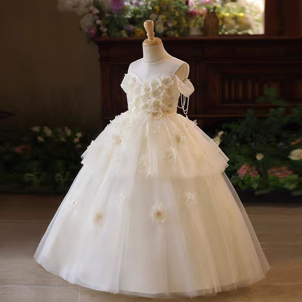 Jill Elegant Flower Girl Dress Sleeveless Tulle Pearls for kids Birthday Pageant Party J227