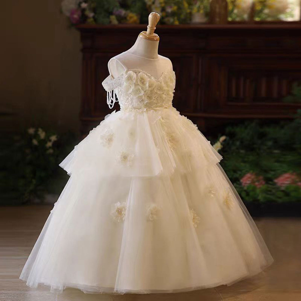 Jill Elegant Flower Girl Dress Sleeveless Tulle Pearls for kids Birthday Pageant Party J227