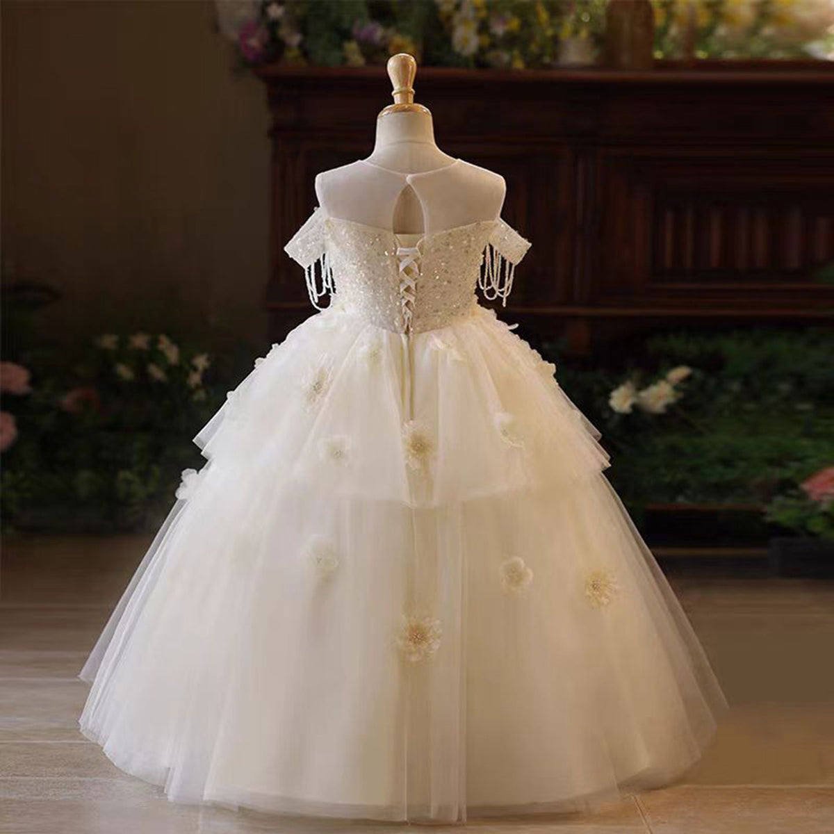 Jill Elegant Flower Girl Dress Sleeveless Tulle Pearls for kids Birthday Pageant Party J227