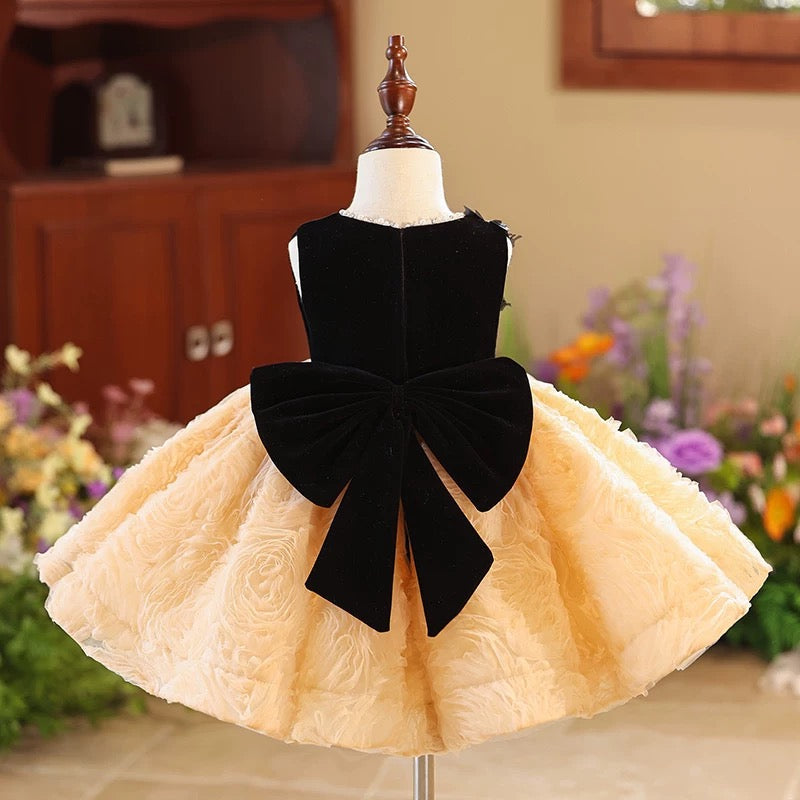 Jill Elegant Girl Dress Velvet Top Gold Bowed Party Ball Gown J421