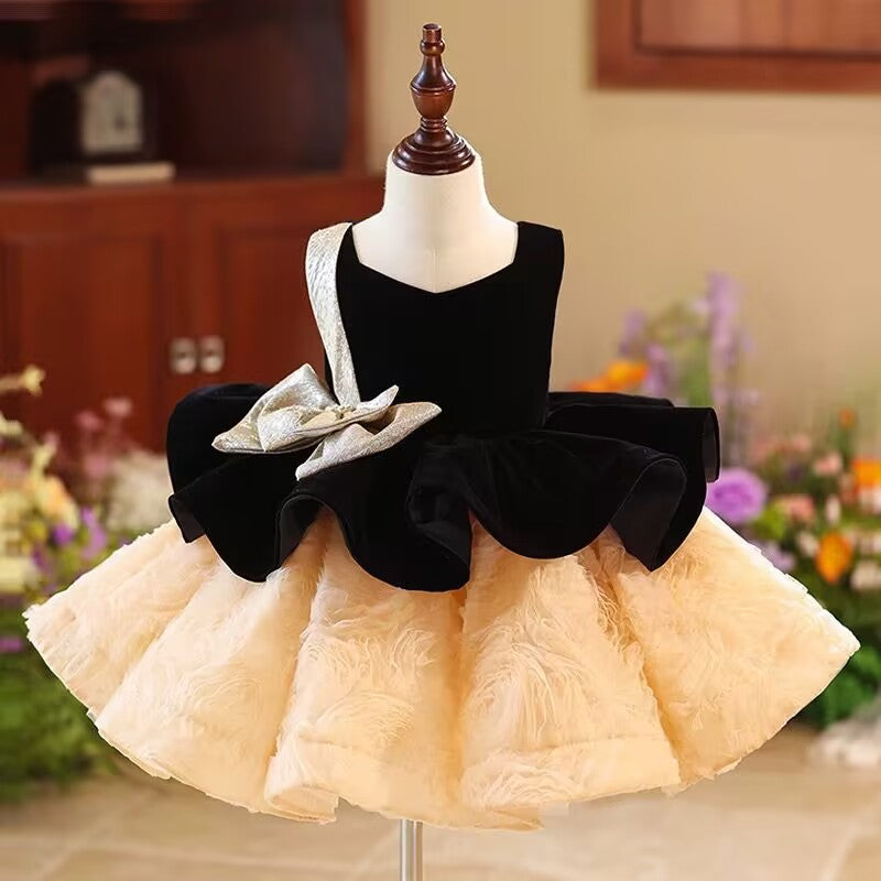 Jill Elegant Girl Dress Velvet Top Gold Bowed Party Ball Gown J421