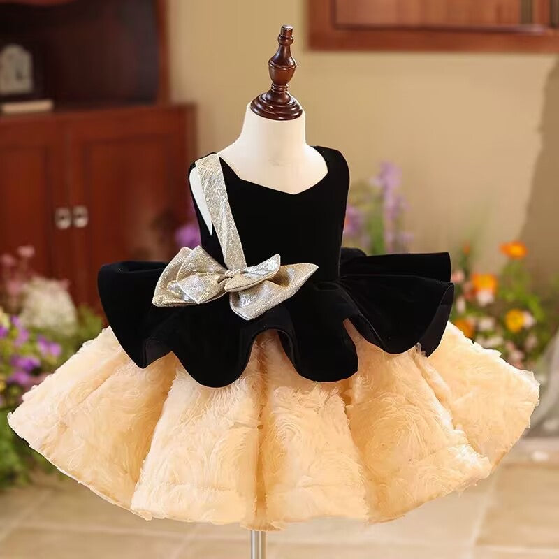 Jill Elegant Girl Dress Velvet Top Gold Bowed Party Ball Gown J421