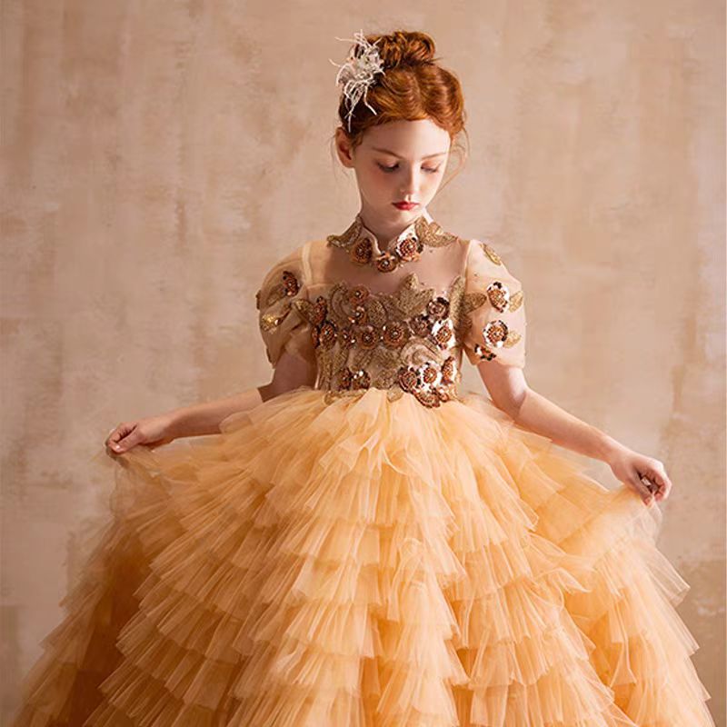 Jill Elegant Gold High-Neck Girl Dress Tiered Princess Birthday Gown J298