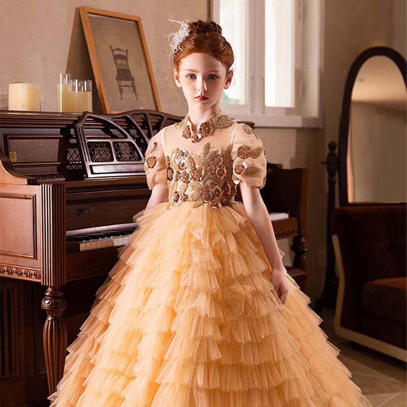 Jill Elegant Gold High-Neck Girl Dress Tiered Princess Birthday Gown J298