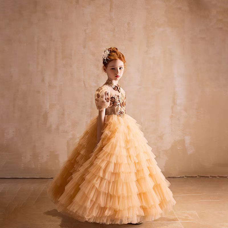 Jill Elegant Gold High-Neck Girl Dress Tiered Princess Birthday Gown J298