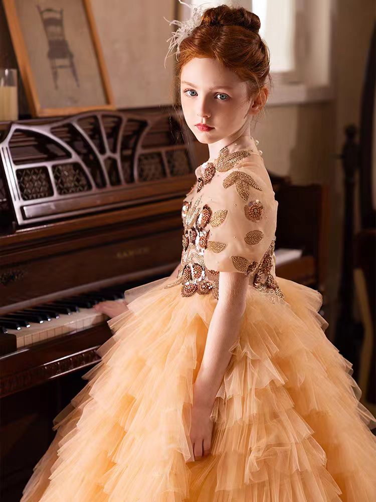Jill Elegant Gold High-Neck Girl Dress Tiered Princess Birthday Gown J298