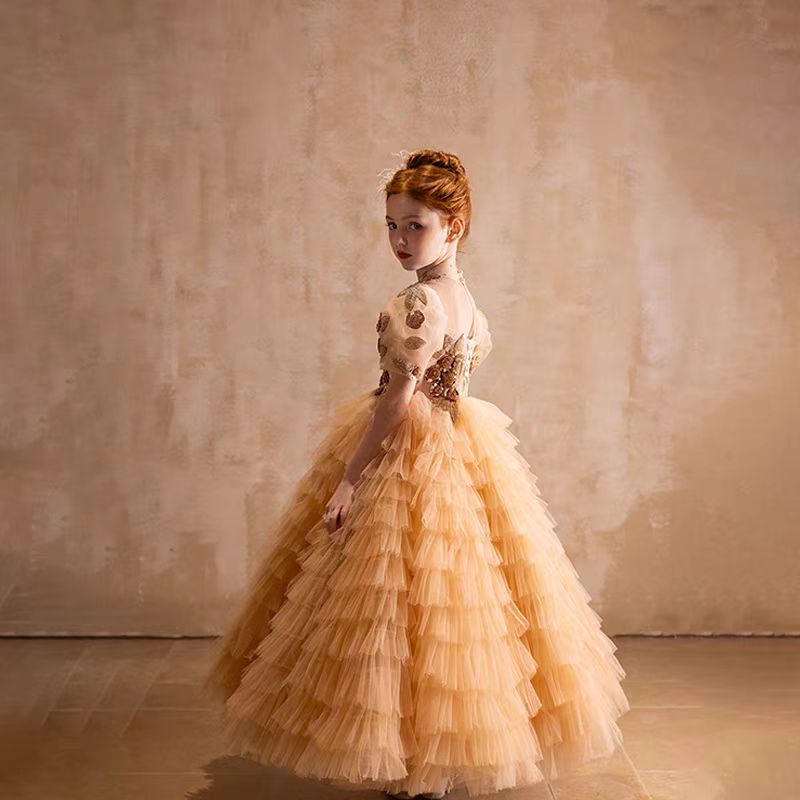 Jill Elegant Gold High-Neck Girl Dress Tiered Princess Birthday Gown J298