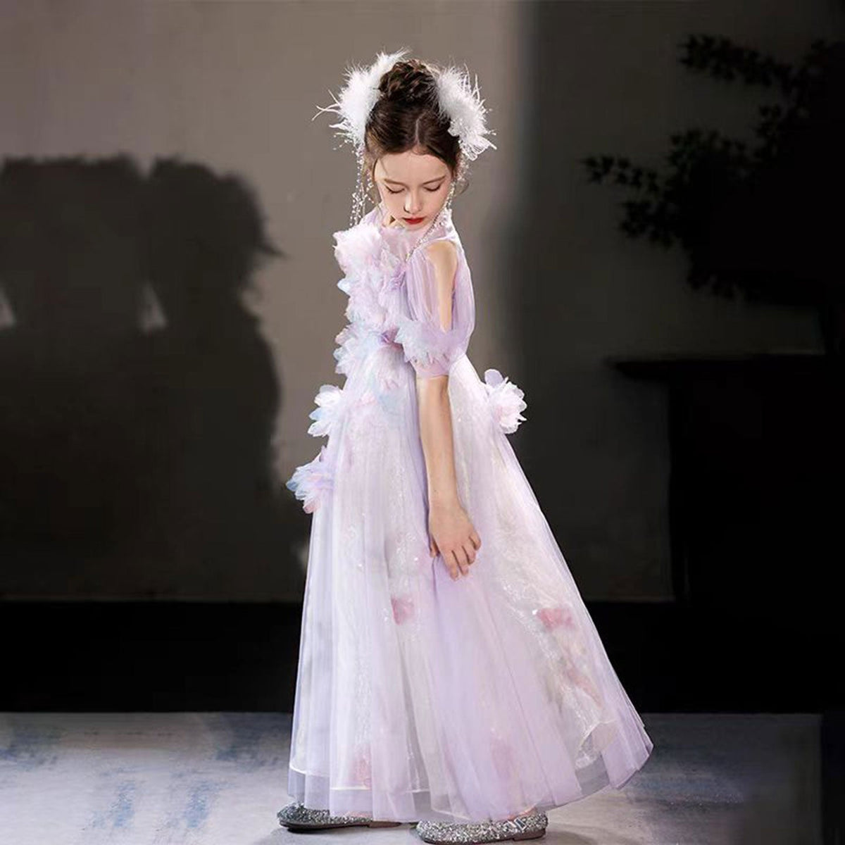 Jill Elegant Lilac 3D Flowers Off Shoulder Birthday Girl Dress J191