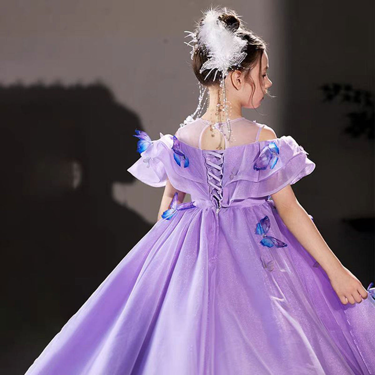 Jill Elegant Lilac Off Shoulder Girl Dress with Butterfly J199