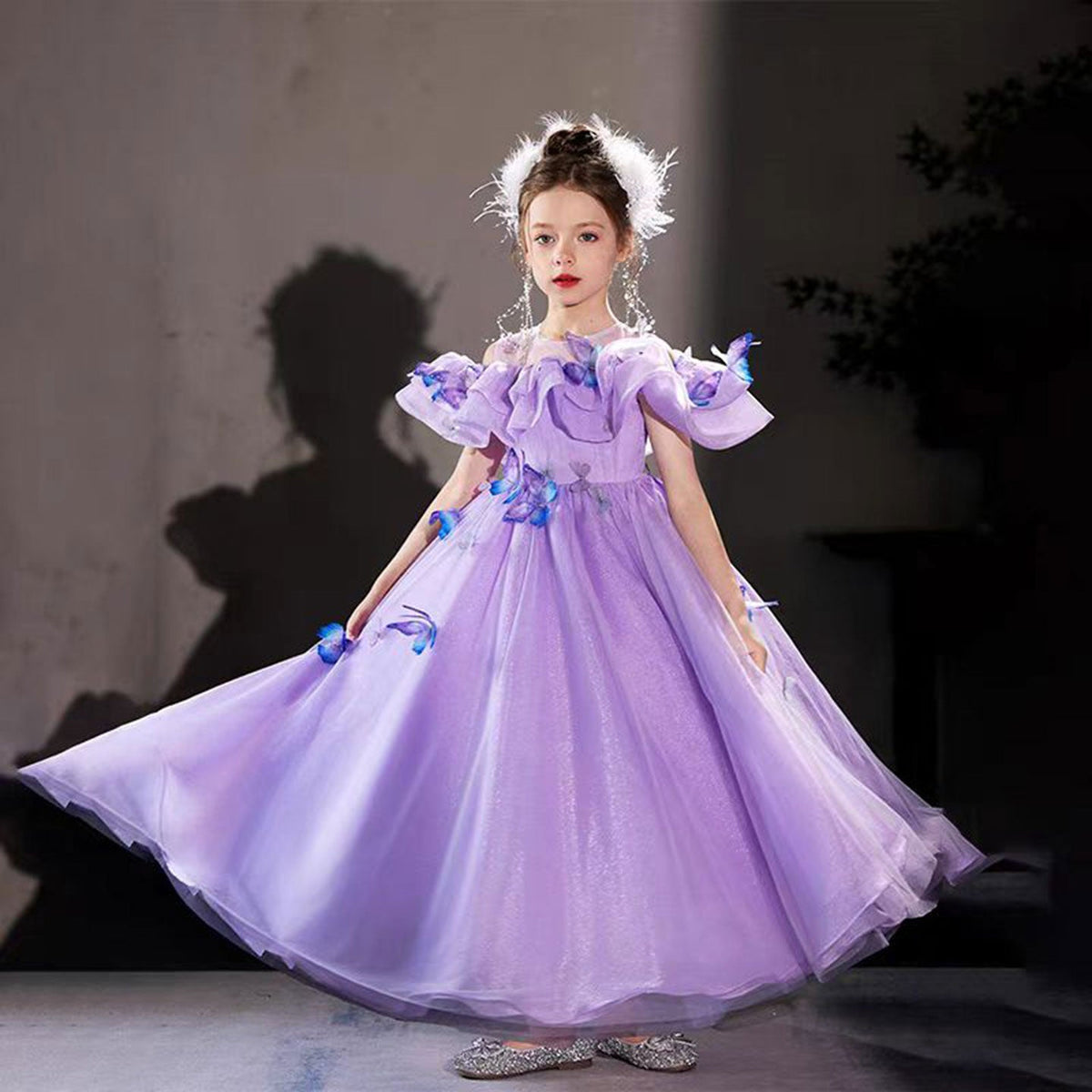Jill Elegant Lilac Off Shoulder Girl Dress with Butterfly J199