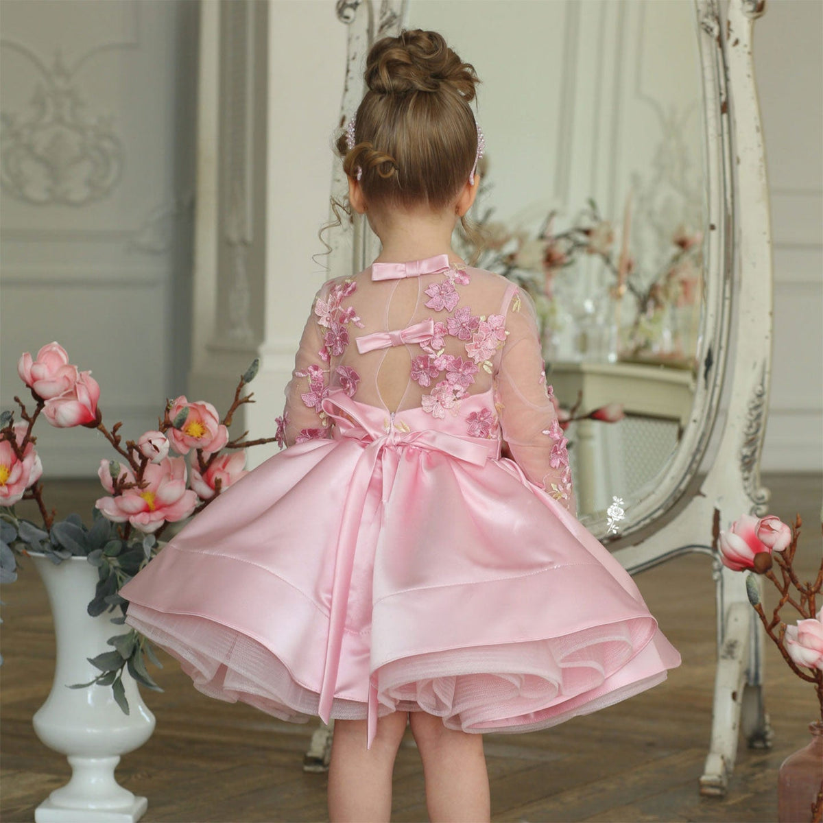 Jill Elegant Pink Girl Bridesmaides Dress Full Sleeve for Princess J177