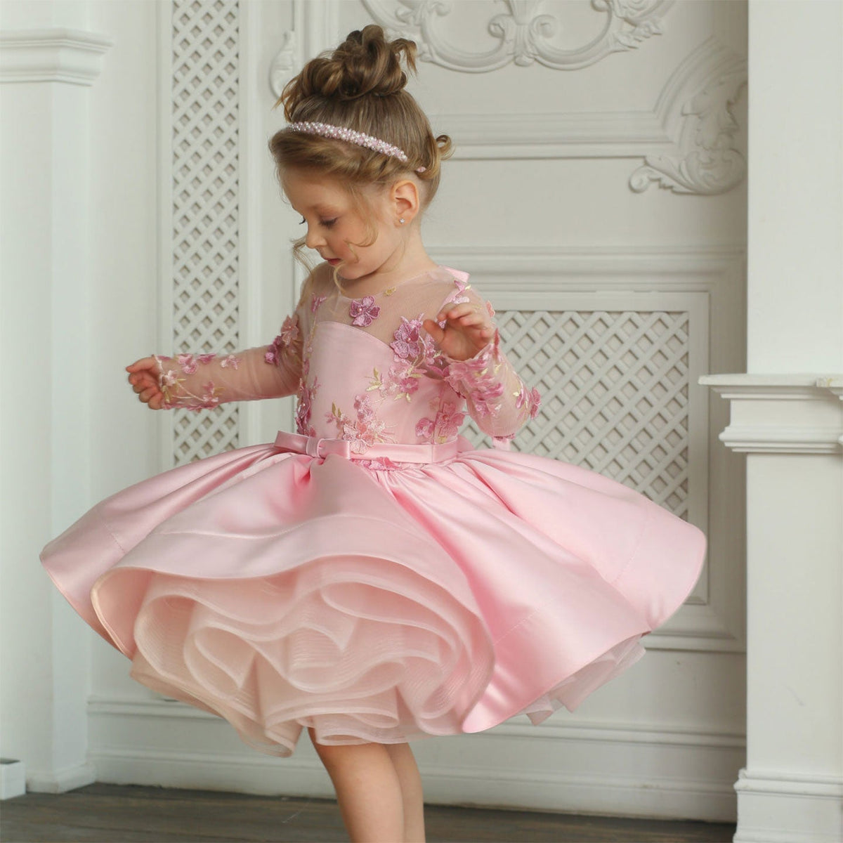 Jill Elegant Pink Girl Bridesmaides Dress Full Sleeve for Princess J177