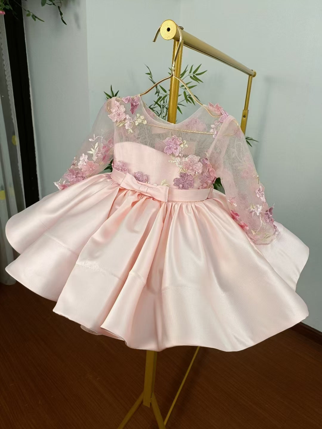 Jill Elegant Pink Girl Bridesmaides Dress Full Sleeve for Princess J177