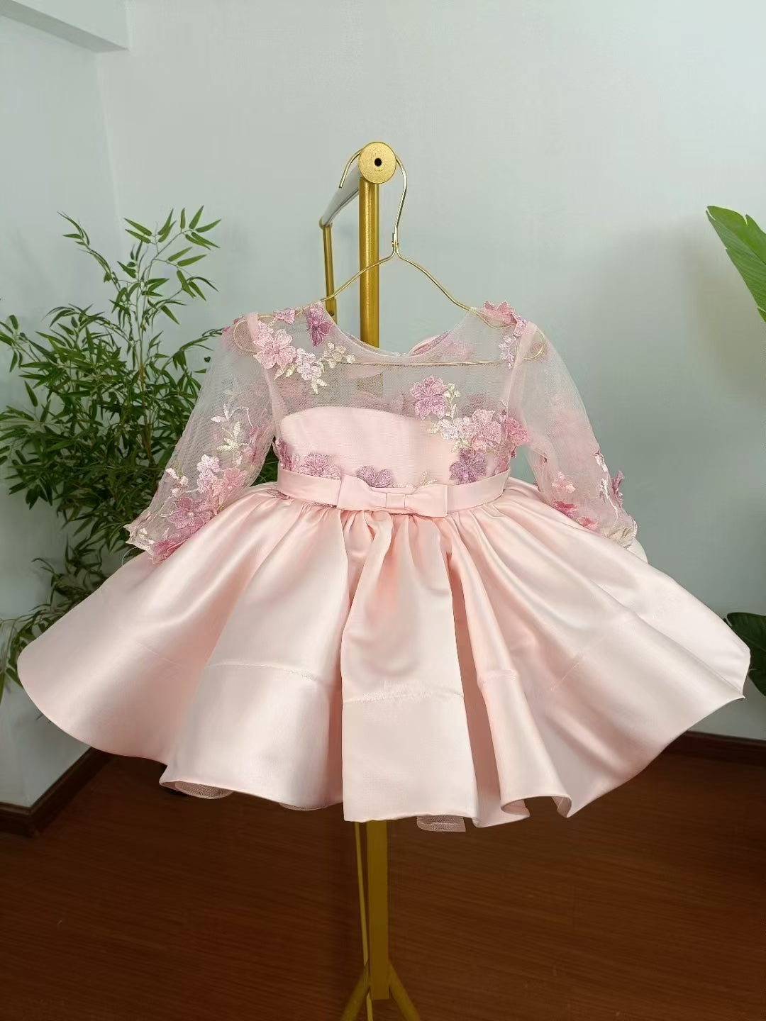 Jill Elegant Pink Girl Bridesmaides Dress Full Sleeve for Princess J177