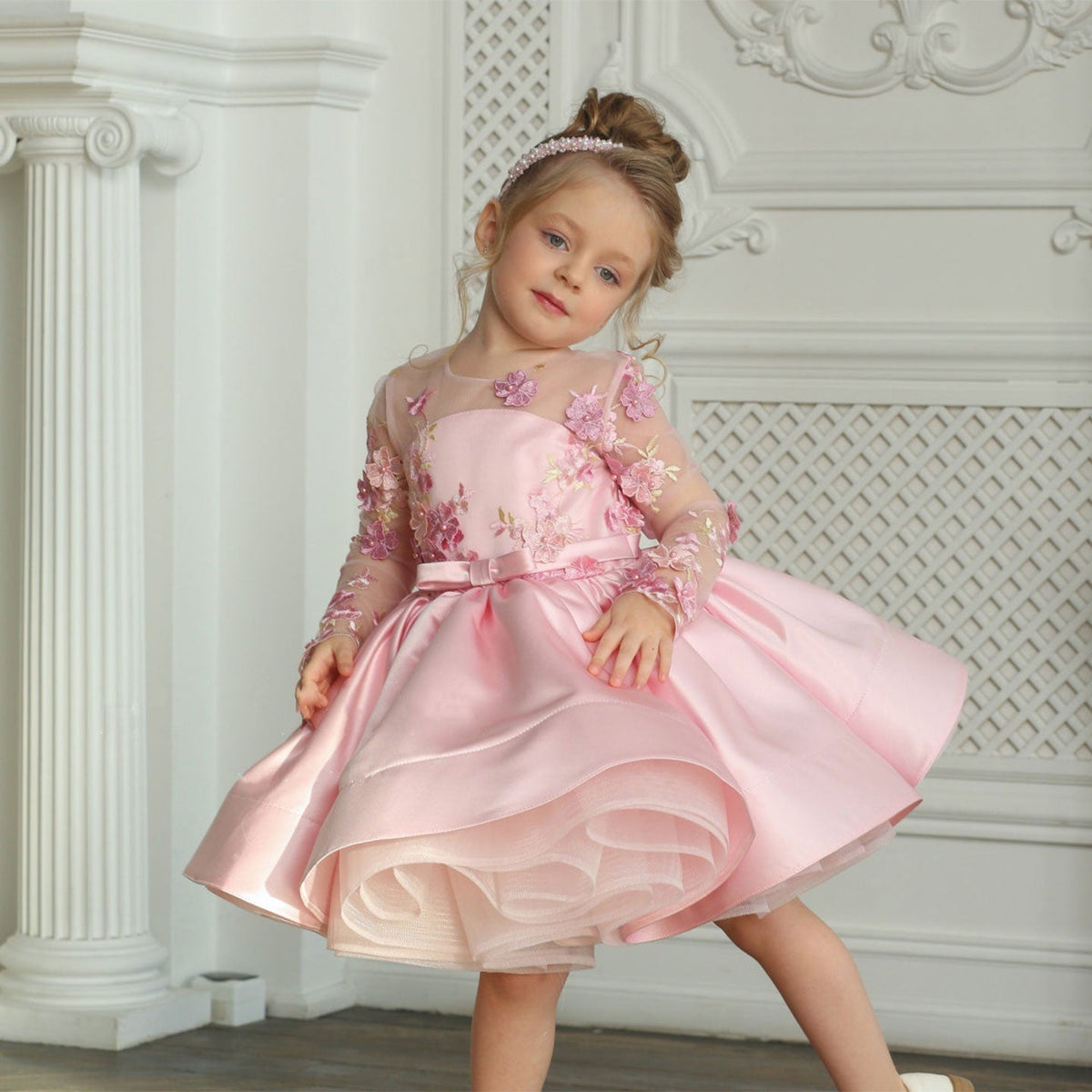 Jill Elegant Pink Girl Bridesmaides Dress Full Sleeve for Princess J177