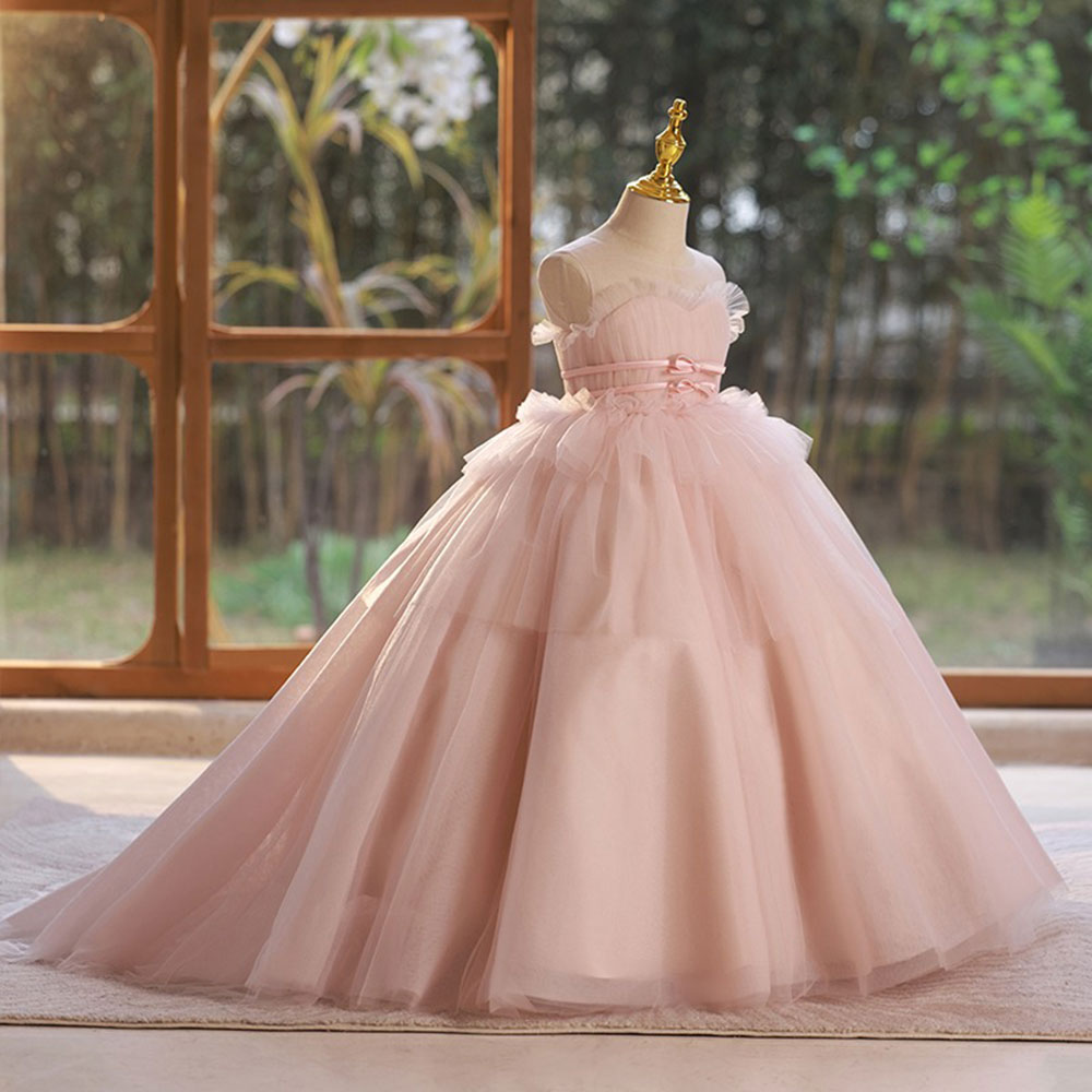 Jill Elegant Pink Girl Dress with Sashes Princess Kids Gown J210