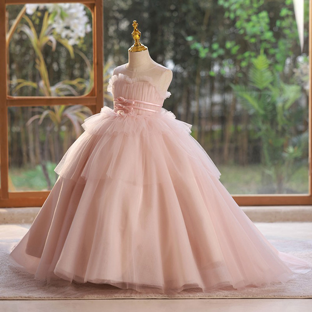 Jill Elegant Pink Girl Dress with Sashes Princess Kids Gown J210