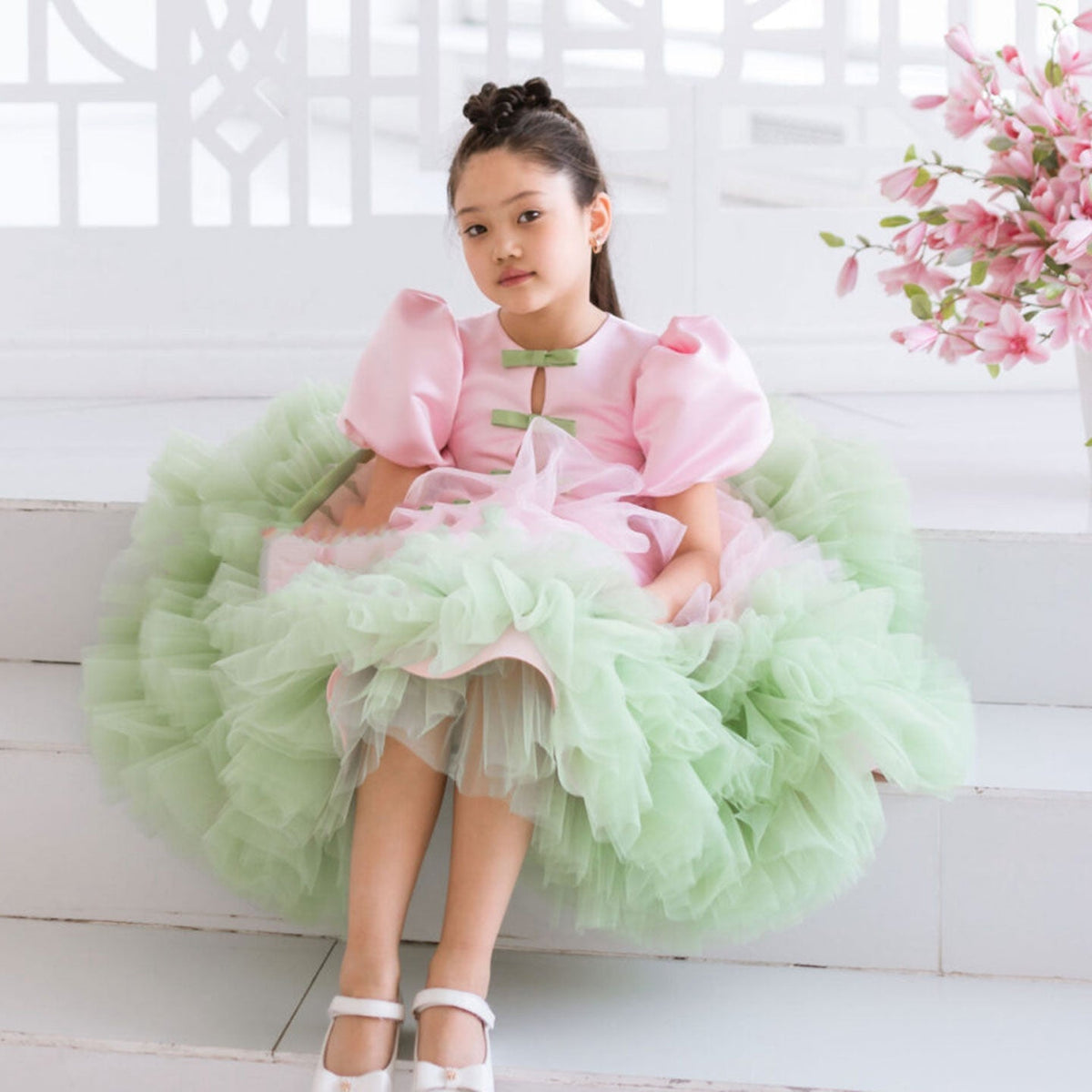 Jill Elegant Red Girl Dress Sage Green for Princess Kids J155