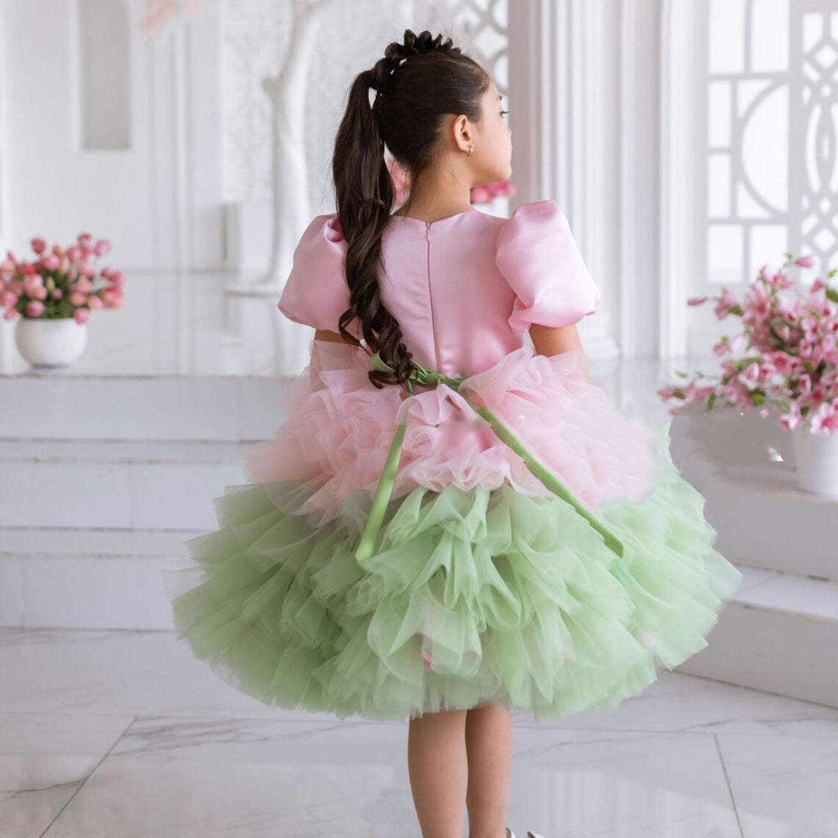 Jill Elegant Red Girl Dress Sage Green for Princess Kids J155