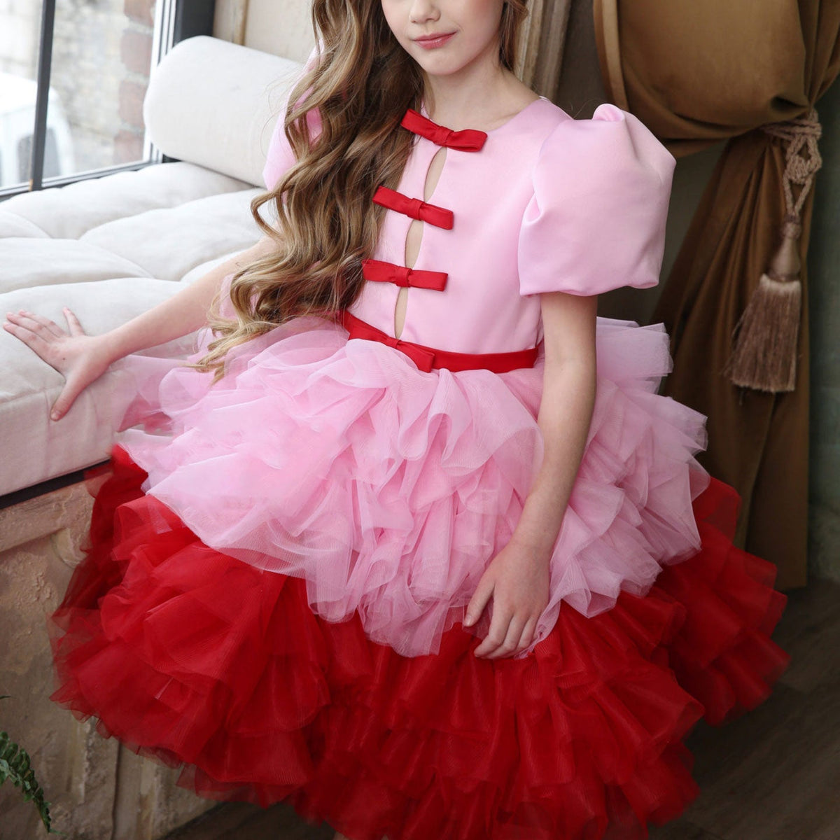 Jill Elegant Red Girl Dress Sage Green for Princess Kids J155
