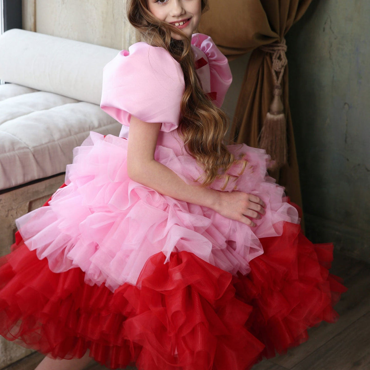 Jill Elegant Red Girl Dress Sage Green for Princess Kids J155