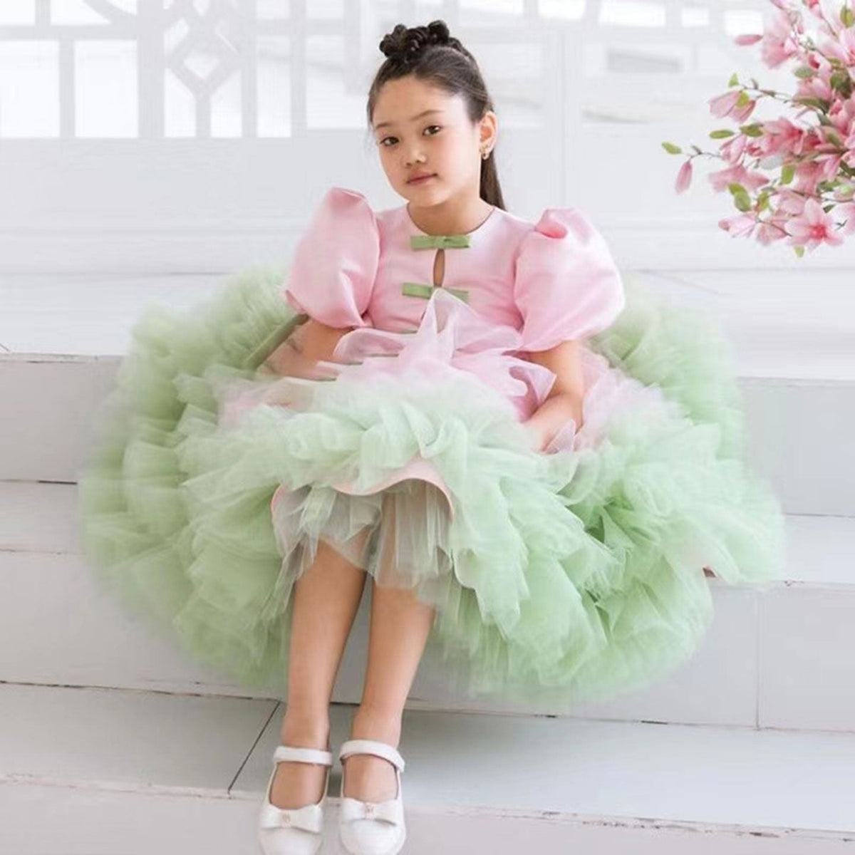 Jill Elegant Red Girl Dress Sage Green for Princess Kids J155