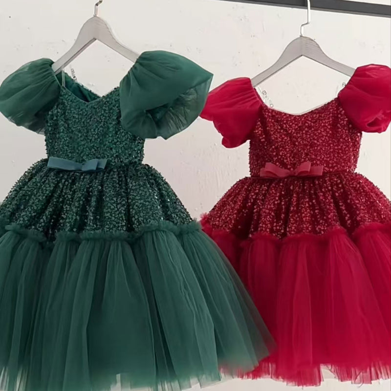 Jill Elegant Sequins Christmas Puffy Sleeve Girl Holiday Party Dress J272