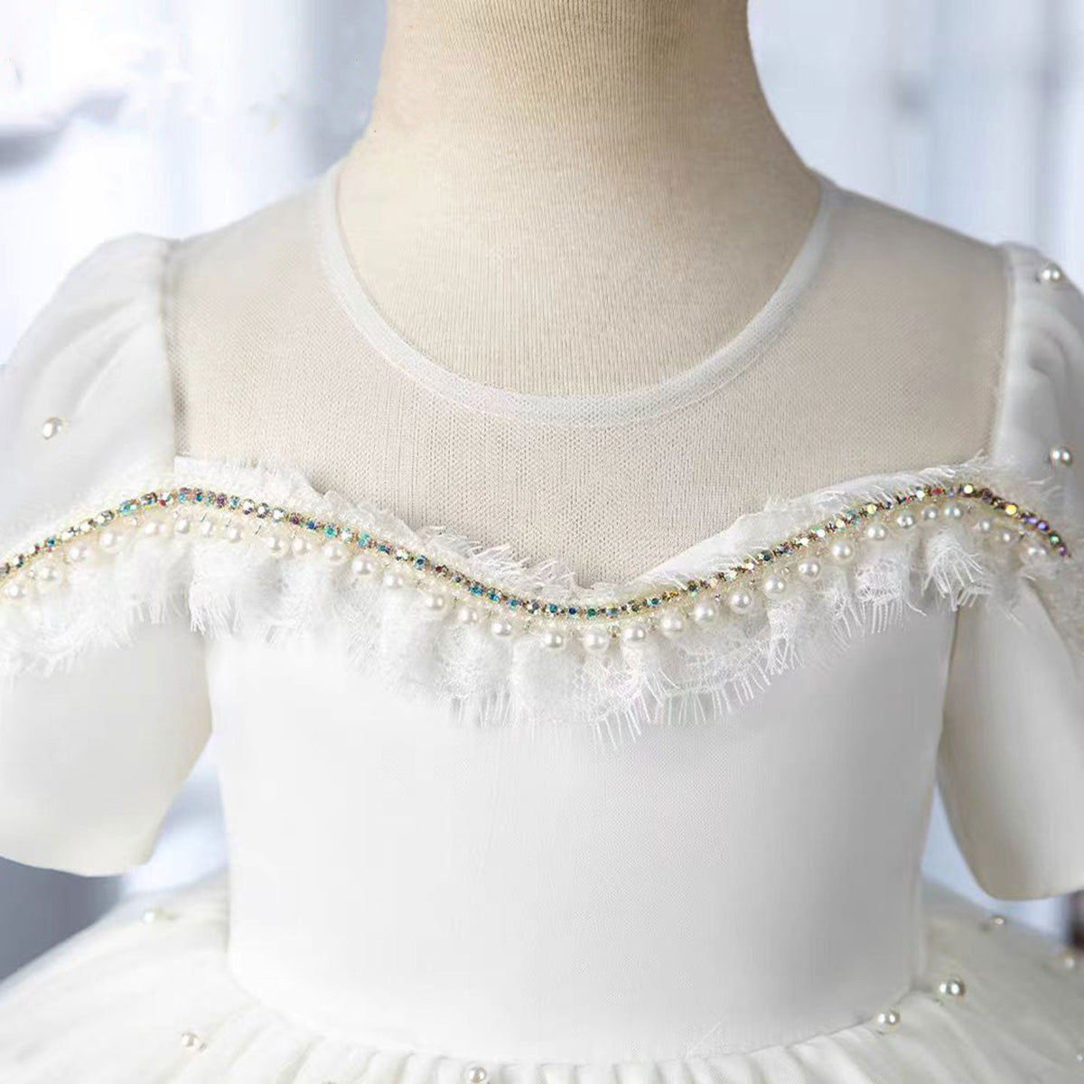 Jill Elegant White Beaded Birthday Girl Dress with Pearls J340