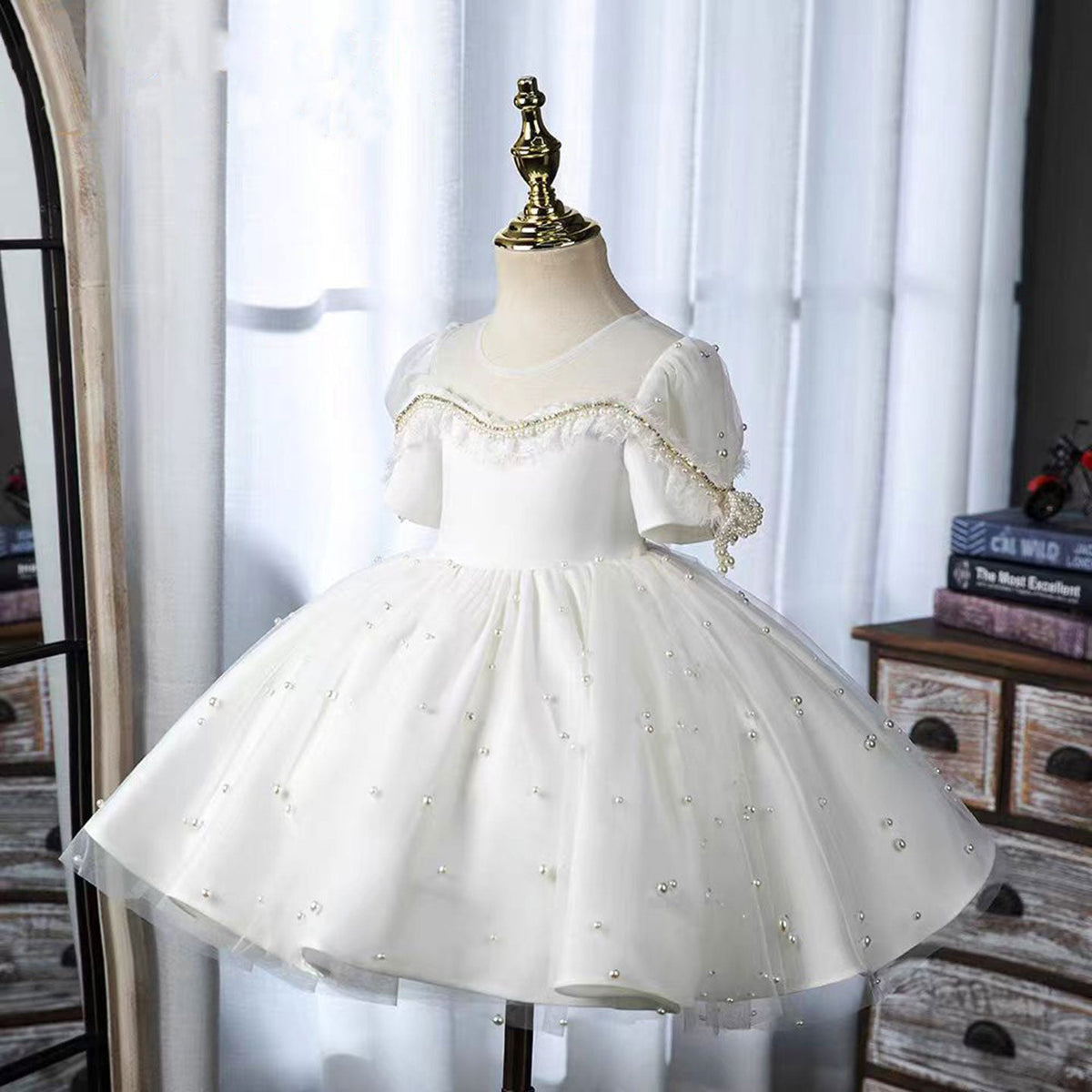Jill Elegant White Beaded Birthday Girl Dress with Pearls J340