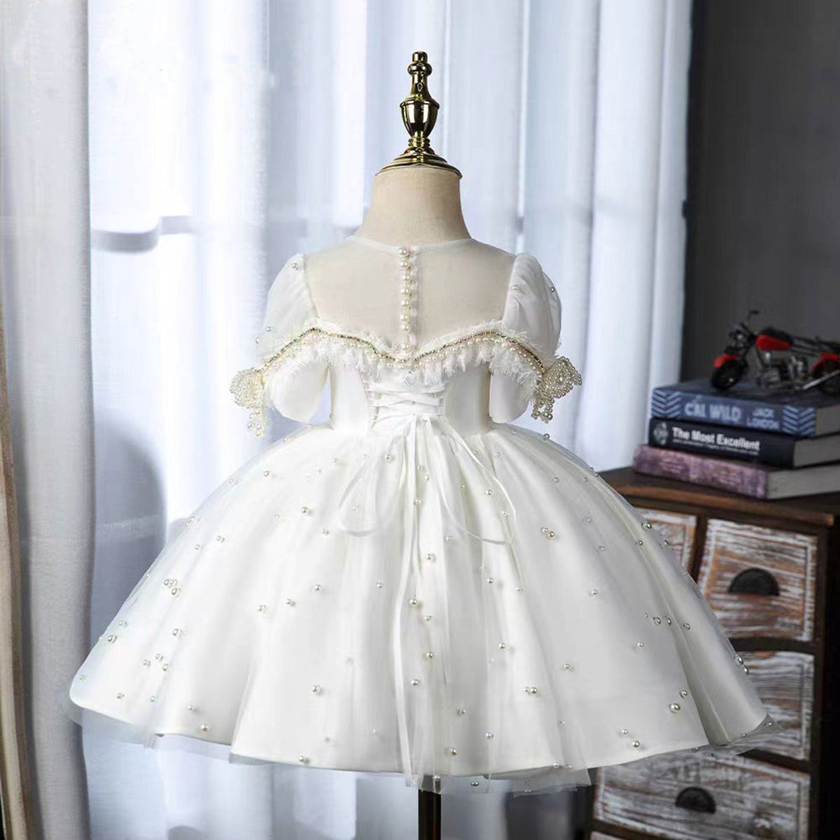 Jill Elegant White Beaded Birthday Girl Dress with Pearls J340