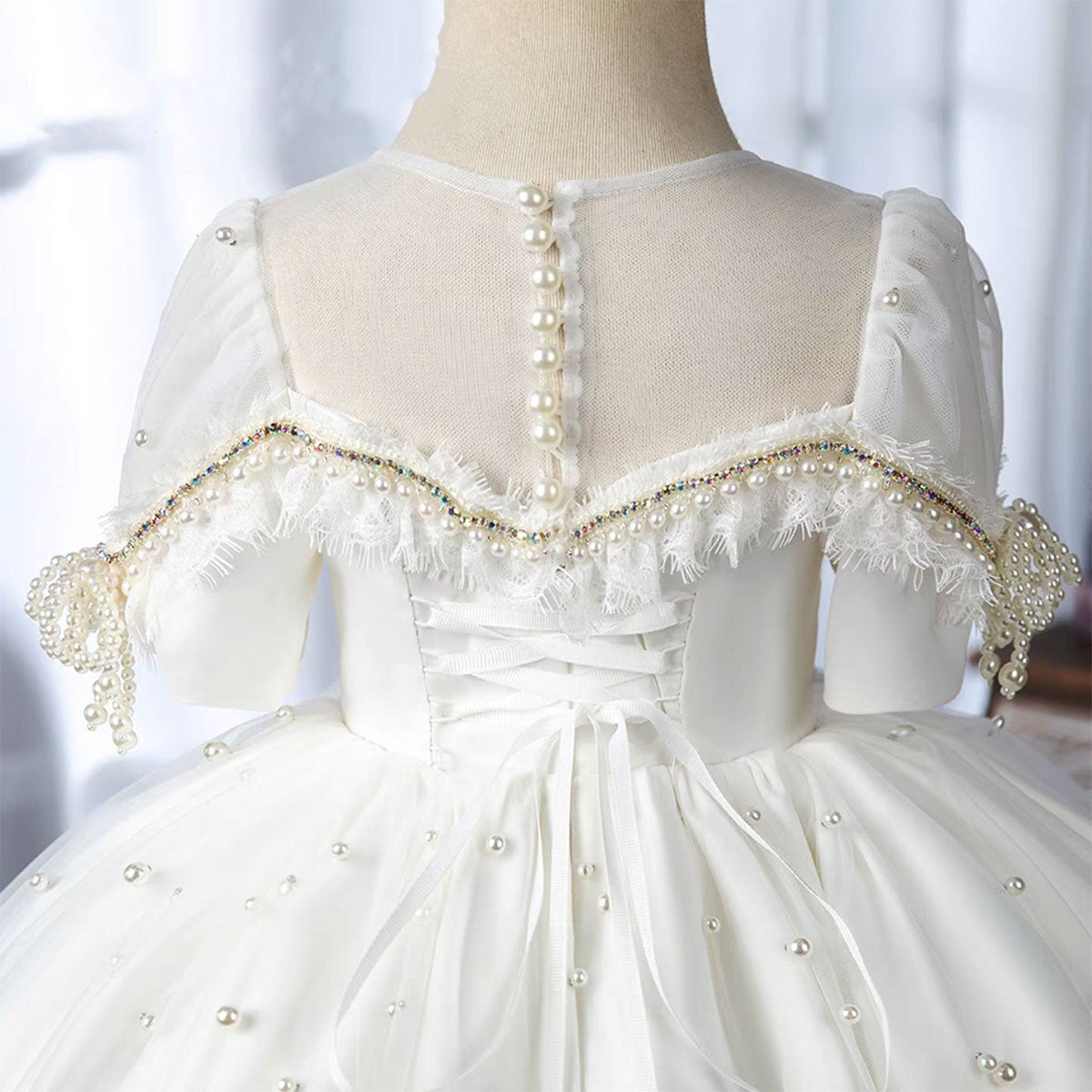 Jill Elegant White Beaded Birthday Girl Dress with Pearls J340