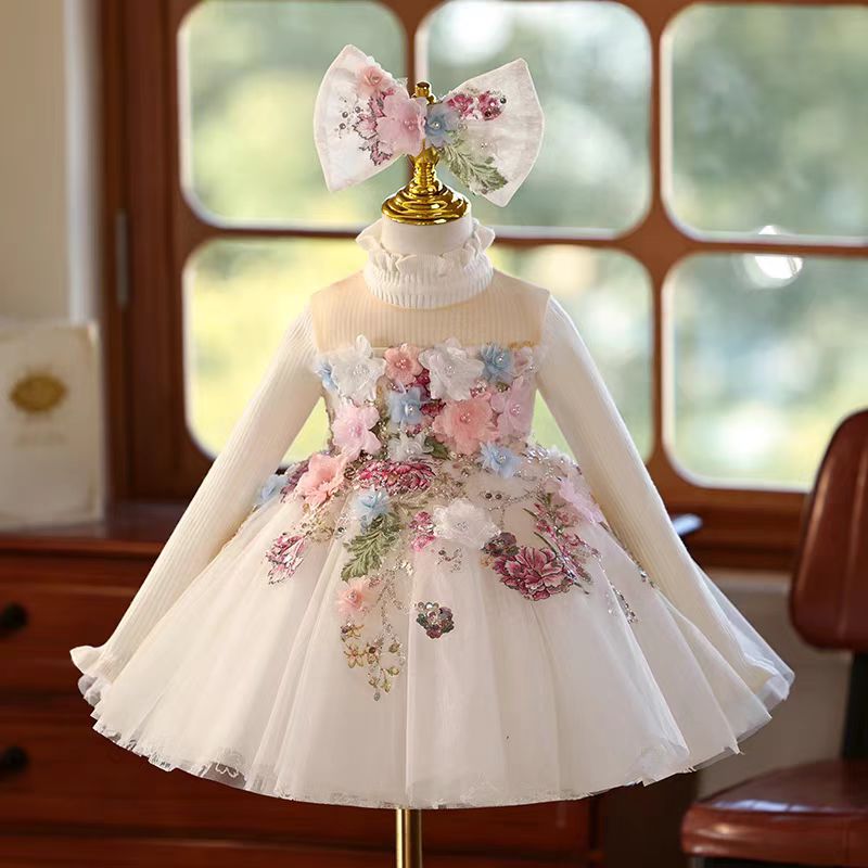 Jill Floral Flowers Girl Dress Knee Length for 1st Birthday Party J404