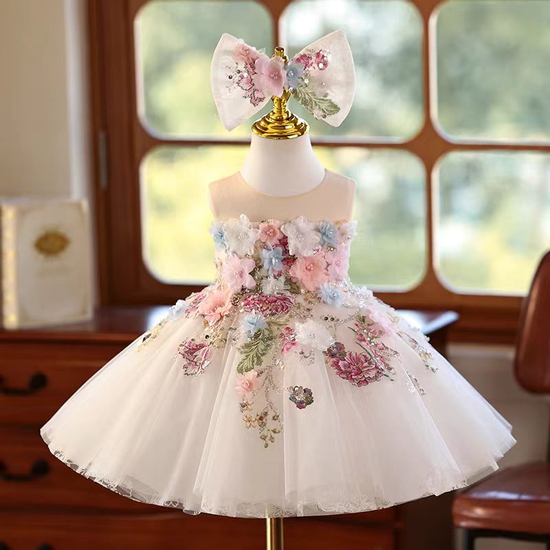 Jill Floral Flowers Girl Dress Knee Length for 1st Birthday Party J404
