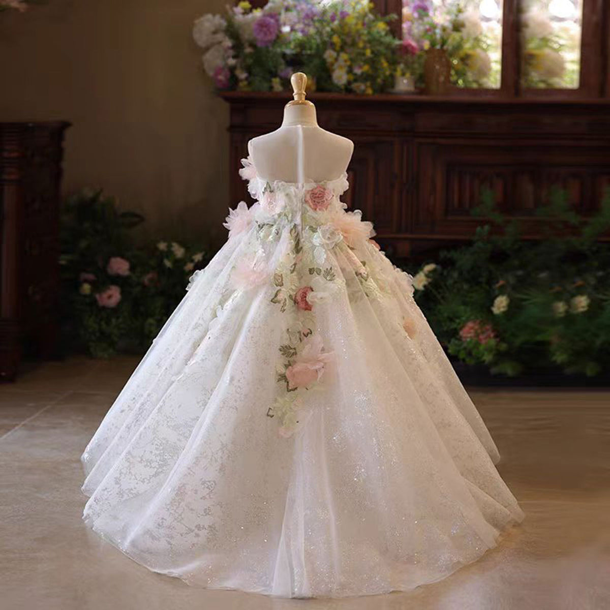 Jill Floral Girl Dress Tulle Train for kids Birthday Pageant Party J197