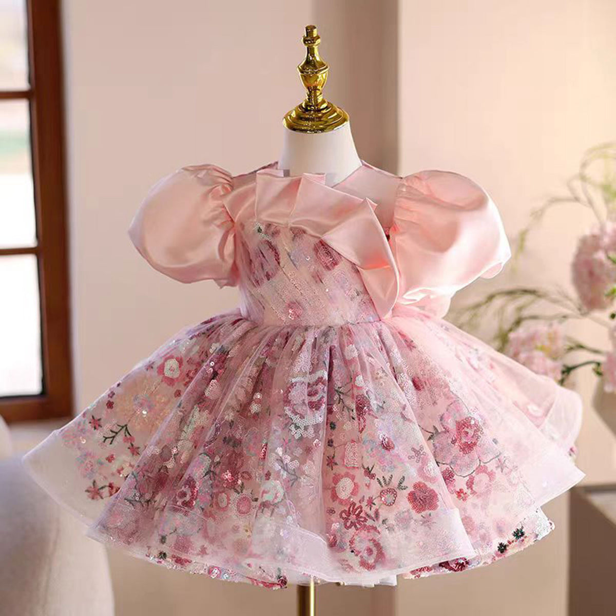 Jill Floral Pink Girl Dress Tulle Princess Toddler Kids 1st Birthday Party J499