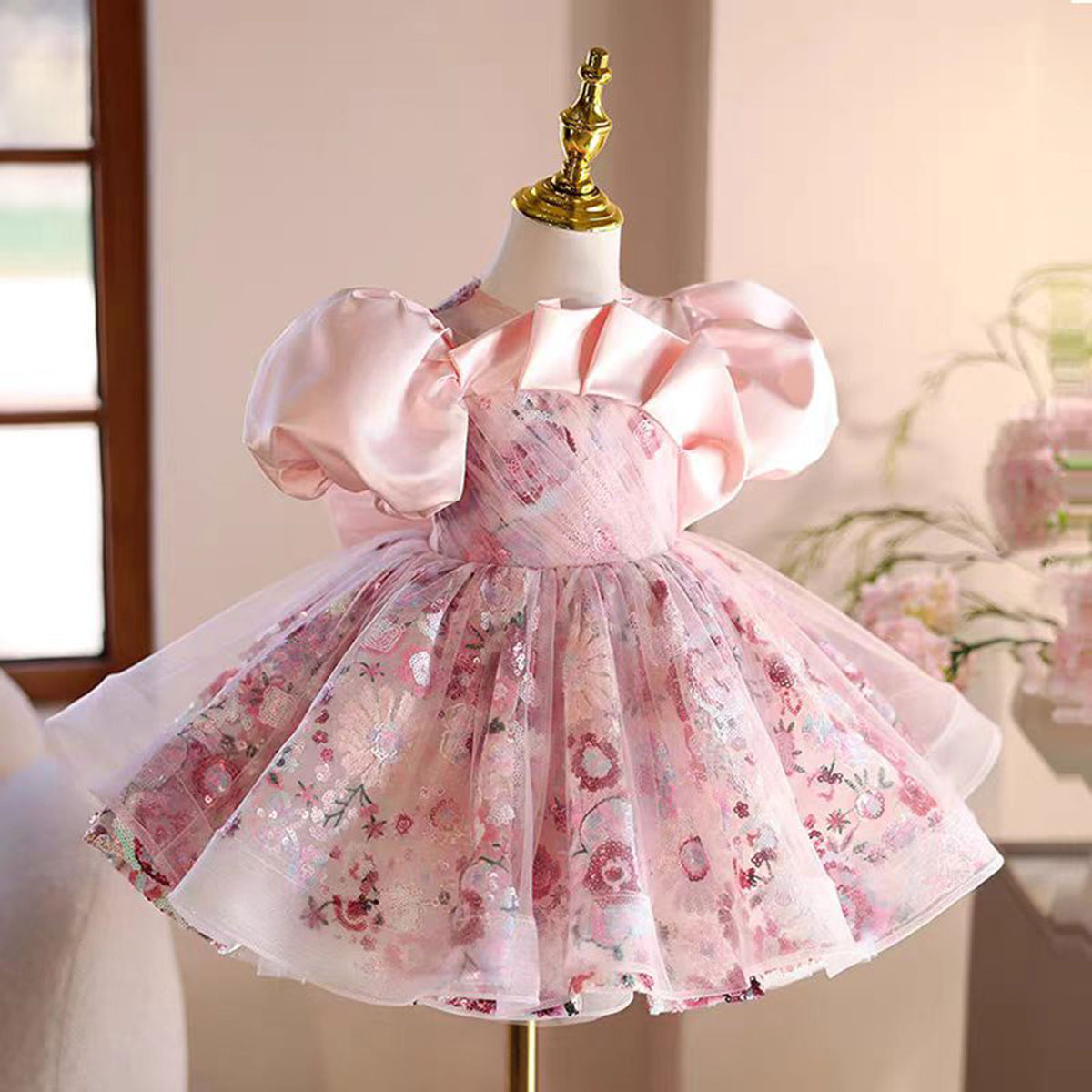 Jill Floral Pink Girl Dress Tulle Princess Toddler Kids 1st Birthday Party J499