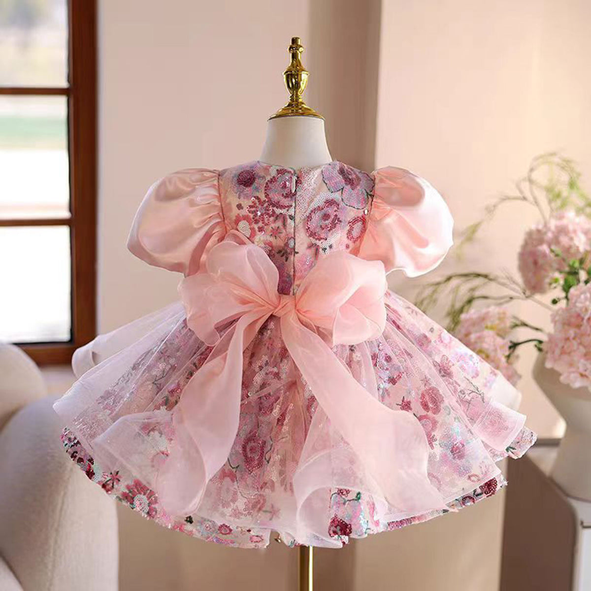 Jill Floral Pink Girl Dress Tulle Princess Toddler Kids 1st Birthday Party J499