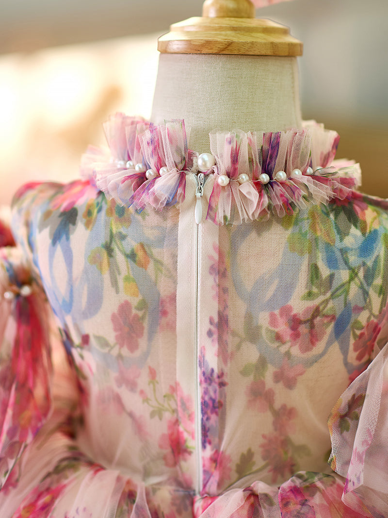 Jill Floral Puffy Sleeve Knee Length Adorable Baby Birthday Girl Dress J052
