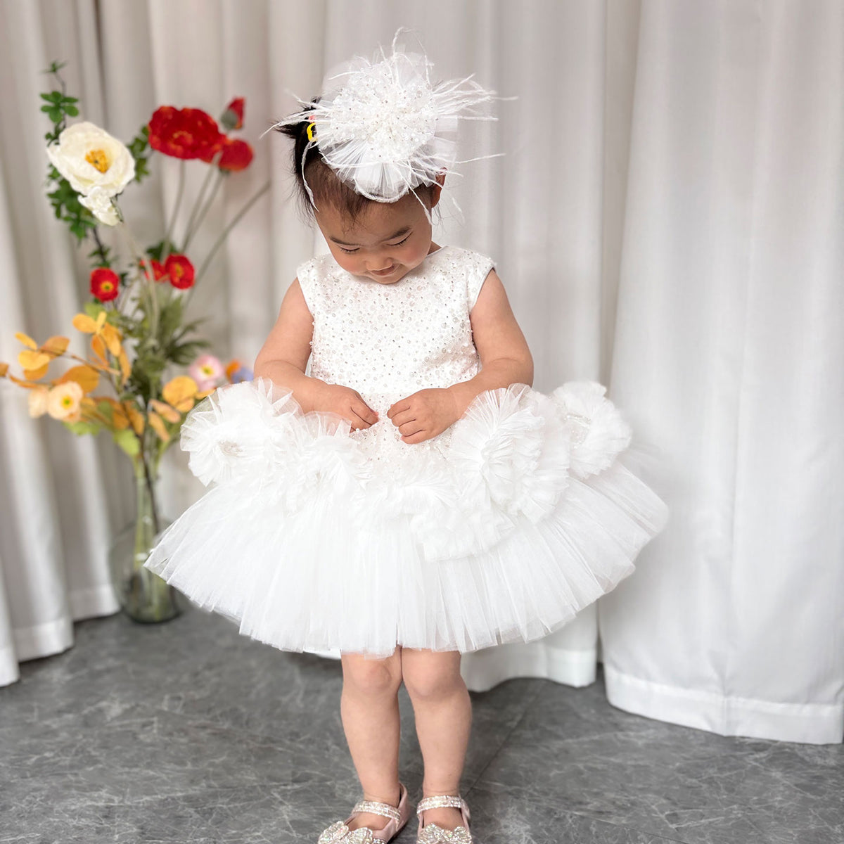 Jill Fuchsia Baby Beading Lace Knee Length Girl Birthday Dress J049