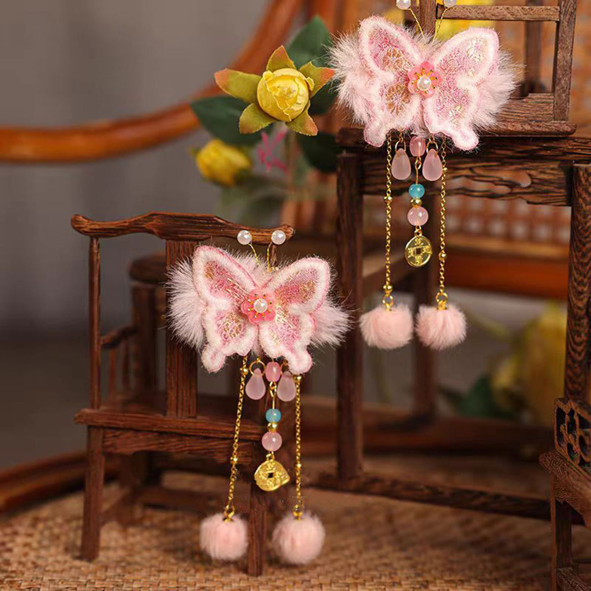 Jill Girl's Children's Headwear Chinese Style Pink Hairpin Butterfly Decoration Baby one-year-old Hair Accessories W014
