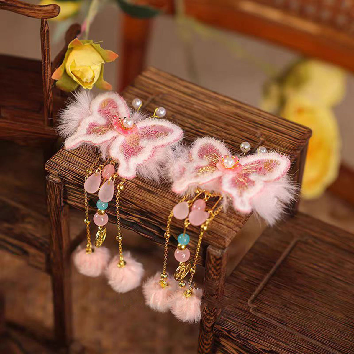 Jill Girl's Children's Headwear Chinese Style Pink Hairpin Butterfly Decoration Baby one-year-old Hair Accessories W014