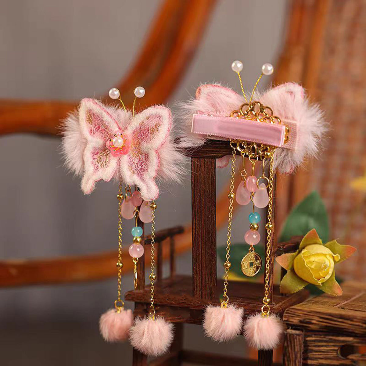 Jill Girl's Children's Headwear Chinese Style Pink Hairpin Butterfly Decoration Baby one-year-old Hair Accessories W014