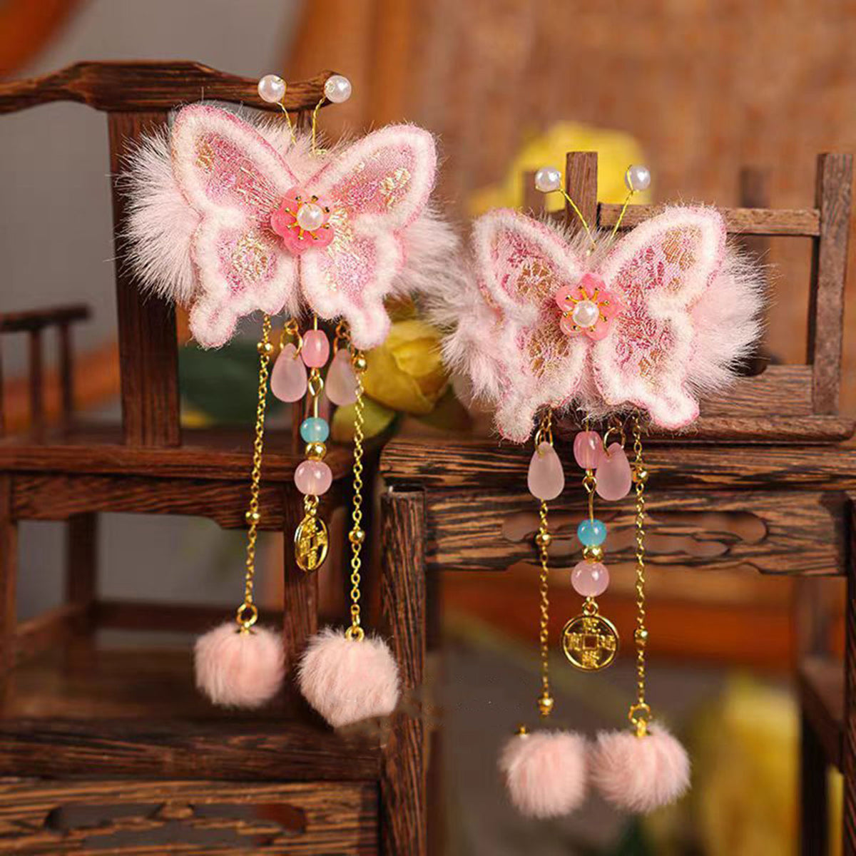 Jill Girl's Children's Headwear Chinese Style Pink Hairpin Butterfly Decoration Baby one-year-old Hair Accessories W014