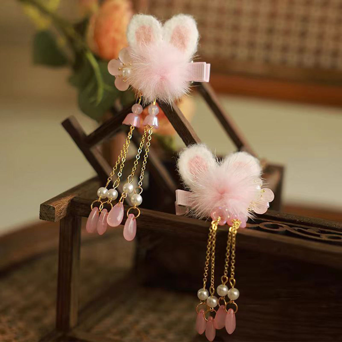 Jill Girl's Chinese Style Hair Accessories 2025 New Pink Rabbit Headwear Baby Hairpin W016