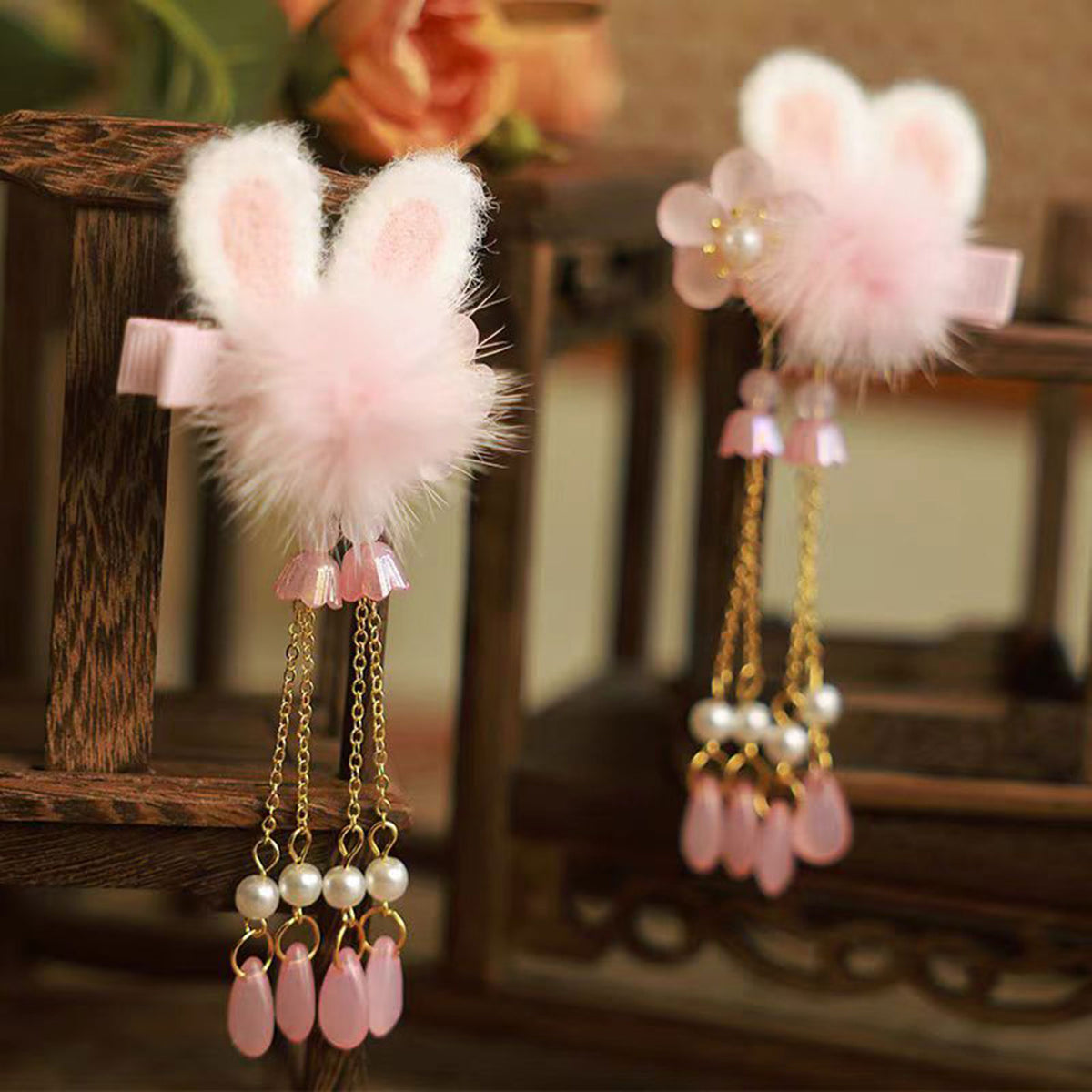 Jill Girl's Chinese Style Hair Accessories 2025 New Pink Rabbit Headwear Baby Hairpin W016