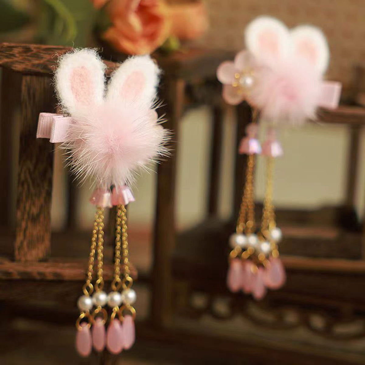 Jill Girl's Chinese Style Hair Accessories 2025 New Pink Rabbit Headwear Baby Hairpin W016